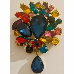 Colorful Rhinestone Statement Brooch Gold Tone Large Vintage Style Pin